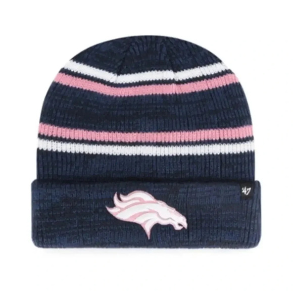 NEW '47 Brand NFL Denver Broncos Marled Stripe Cuff Knit Beanie Navy Pink OS - Picture 1 of 6